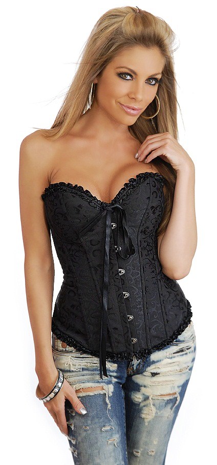 Black Floral Boned Strapless Overbust Corset with Lace up Back
